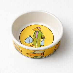 Ursula Dodge's  Adventure Dog Yellow Ceramic Pet Bowl Cartoon Dog 7.5" diameter
